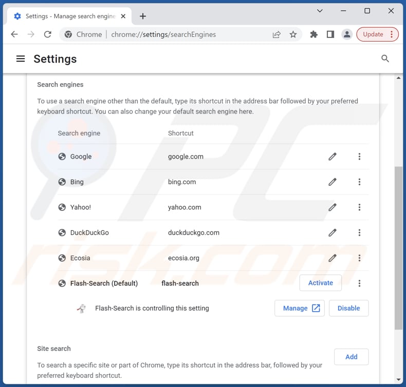 Removing flash-search.xyz from Google Chrome default search engine