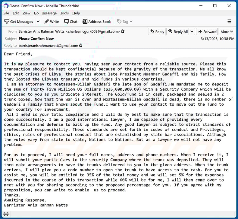 Fund Transfer Assistance scam email (2023-03-14)