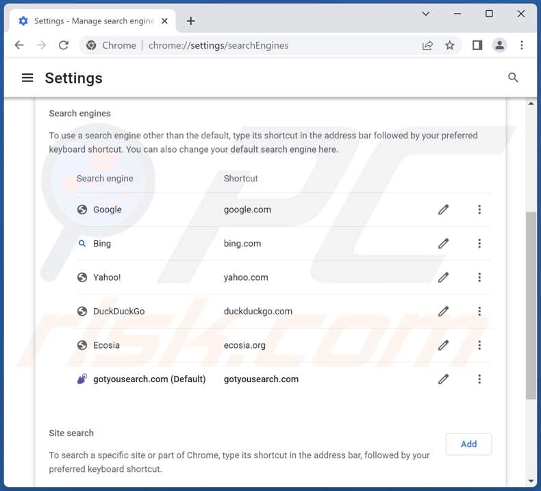 Removing gotyousearch.com from Google Chrome default search engine