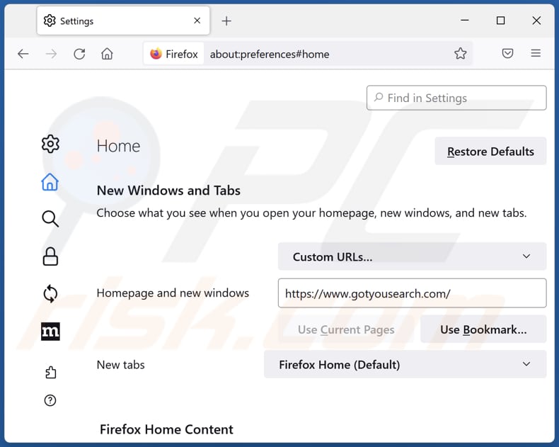 Removing gotyousearch.com from Mozilla Firefox homepage