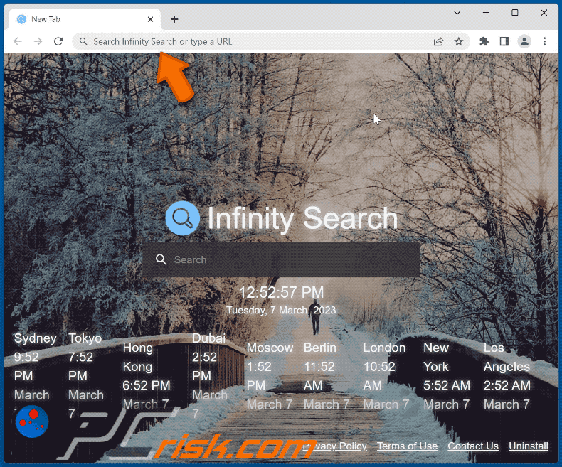 Infinity Search browser hijacker redirecting to Bing (GIF)