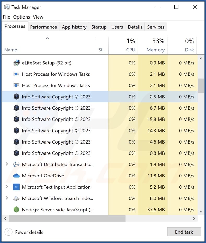 Info adware process on Windows Task Manager (Info Software Copyright (c) 2023 - process name)