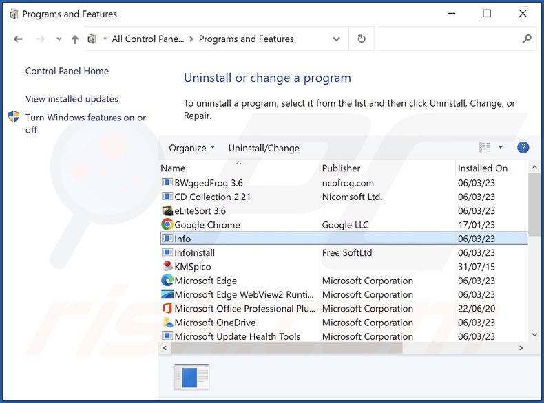 Info adware uninstall via Control Panel