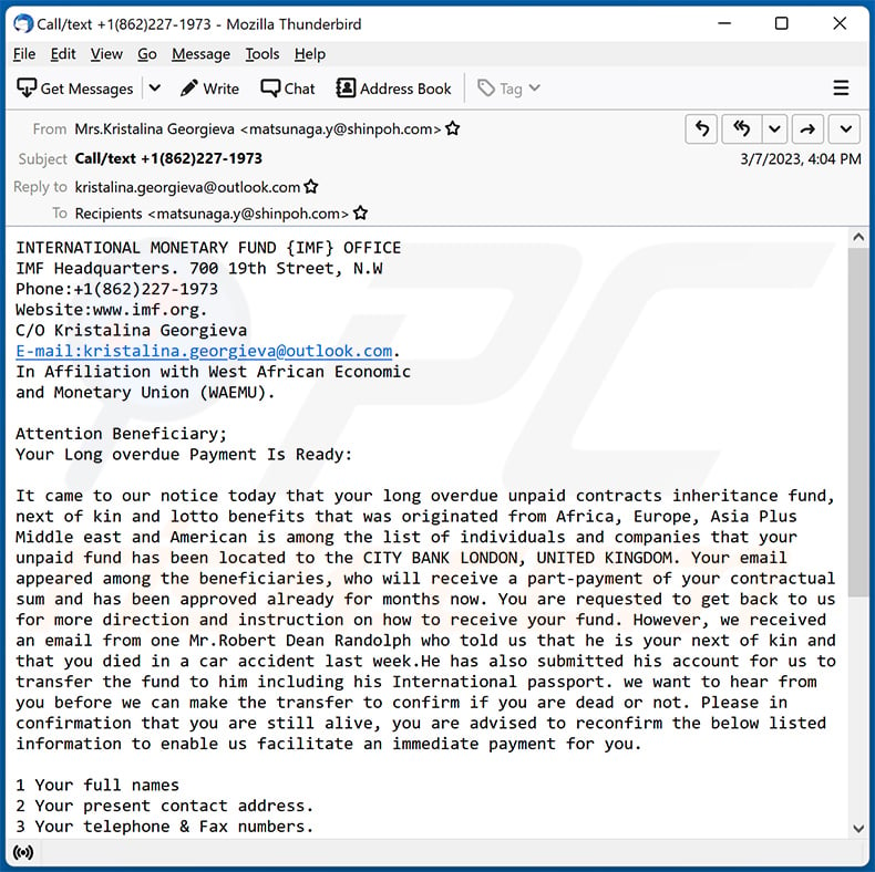 INTERNATIONAL MONETARY FUND (IMF) email scam (2023-03-08)