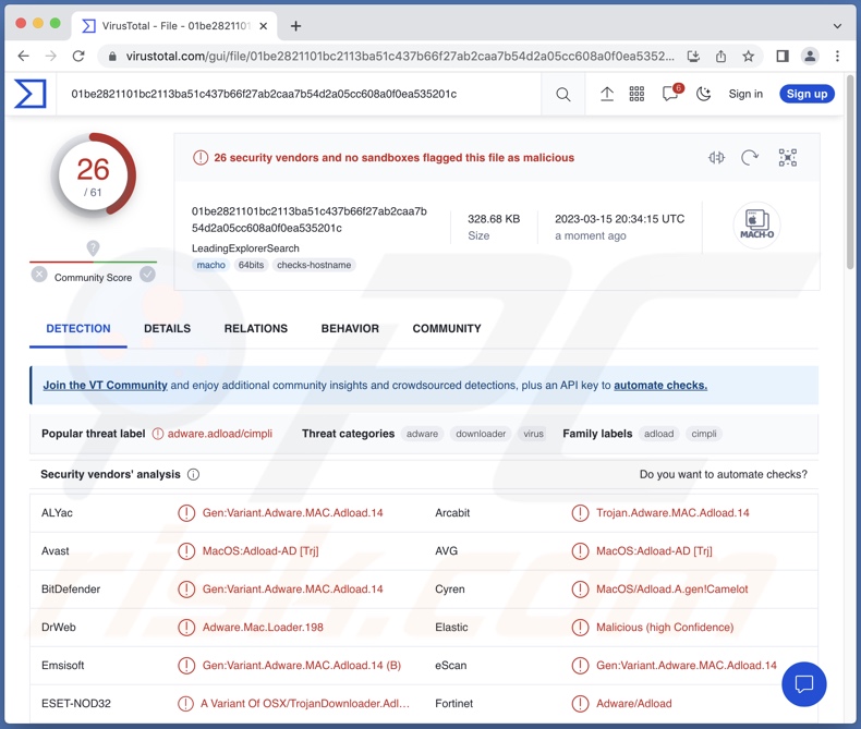 LeadingExplorerSearch adware detections on VirusTotal
