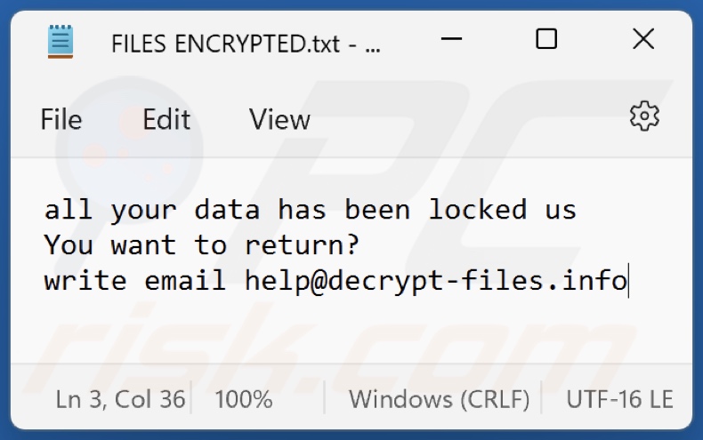 Like (Dharma) ransomware text file (FILES ENCRYPTED.txt)