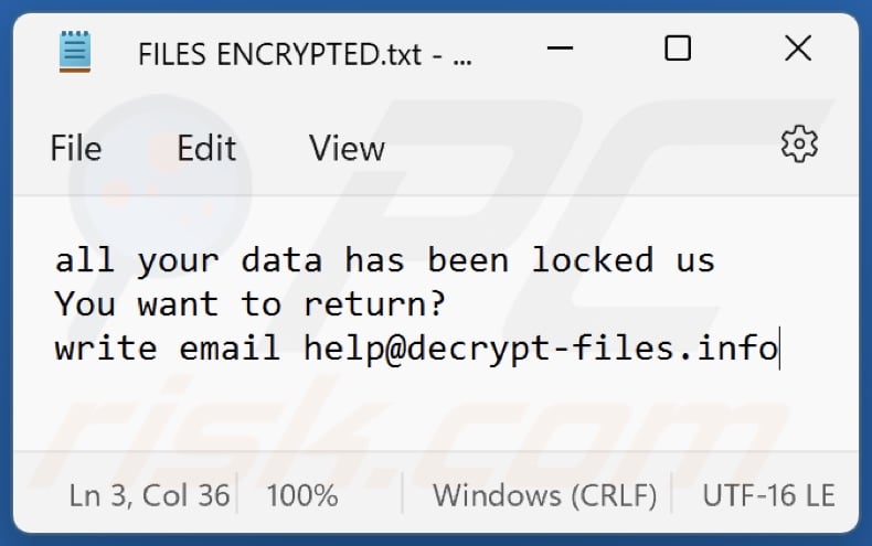 Like (Dharma) ransomware text file (FILES ENCRYPTED.txt)