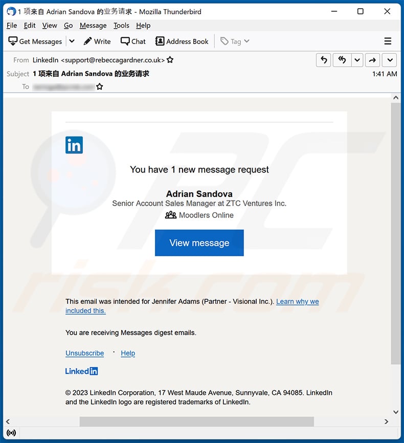 New message' email supposedly sent via LinkedIn leads to a phishing page