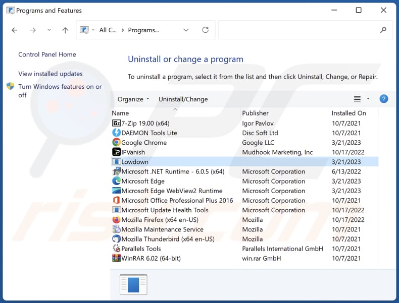 Lowdown adware uninstall via Control Panel