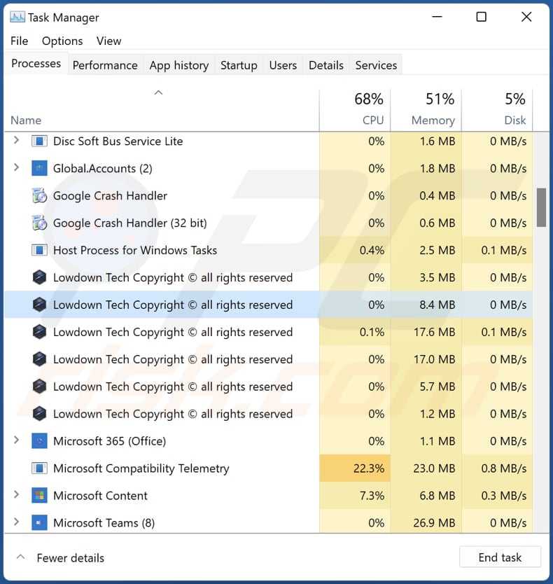 Lowdown adware running in task manager as Lowdown Tech Copyright all rights reserved