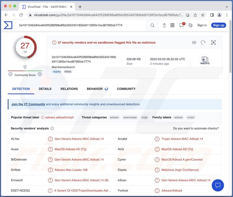 MainAdviseSearch adware detections on VirusTotal