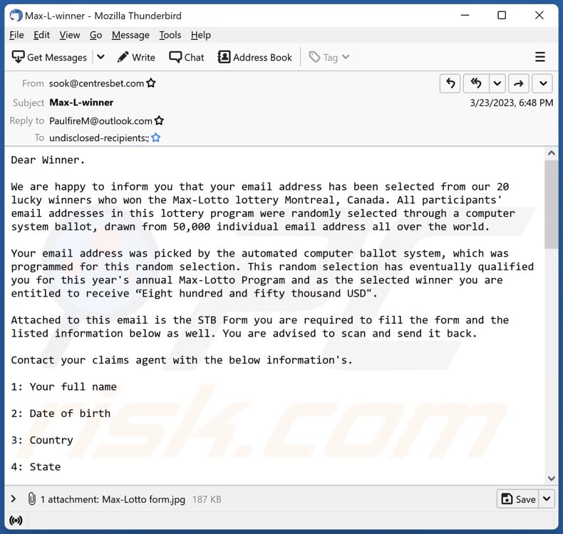 Max-Lotto email spam campaign