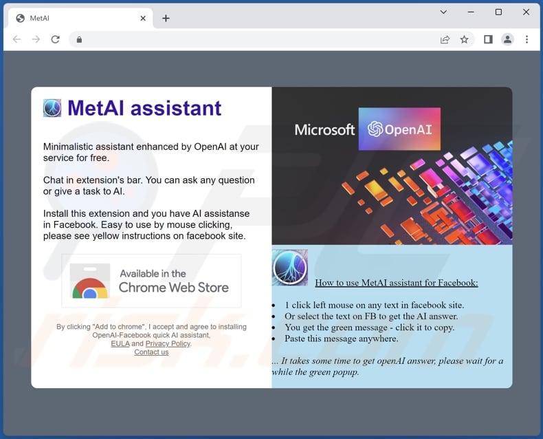 Website promoting MetAI assistant adware