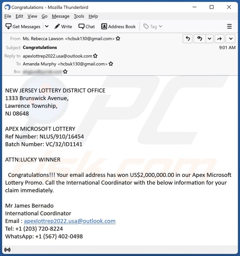 Microsoft Lottery email spam campaign