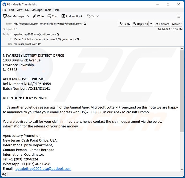 Microsoft Lottery email scam (2023-03-22)
