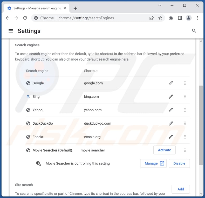 Removing search-movie.com from Google Chrome default search engine