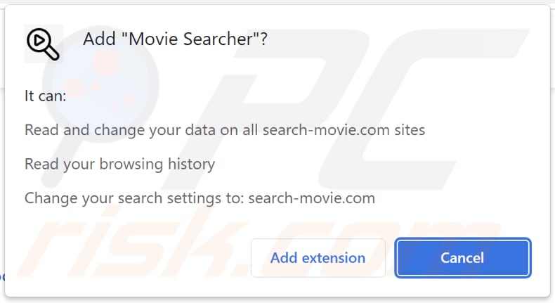 Movie Searcher browser hijacker asking for permissions