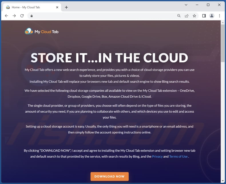 Website used to promote My Cloud Tab browser hijacker