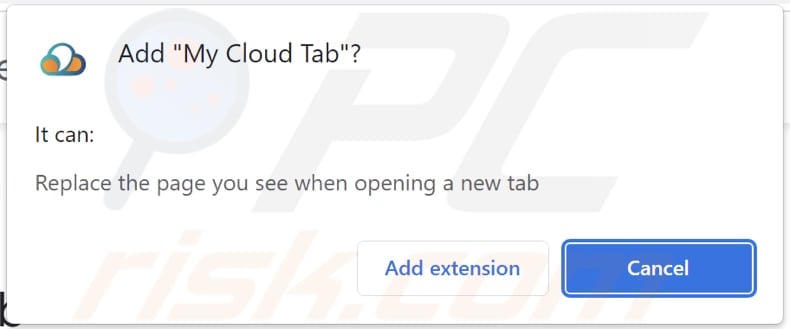 My Cloud Tab browser hijacker asking for permissions