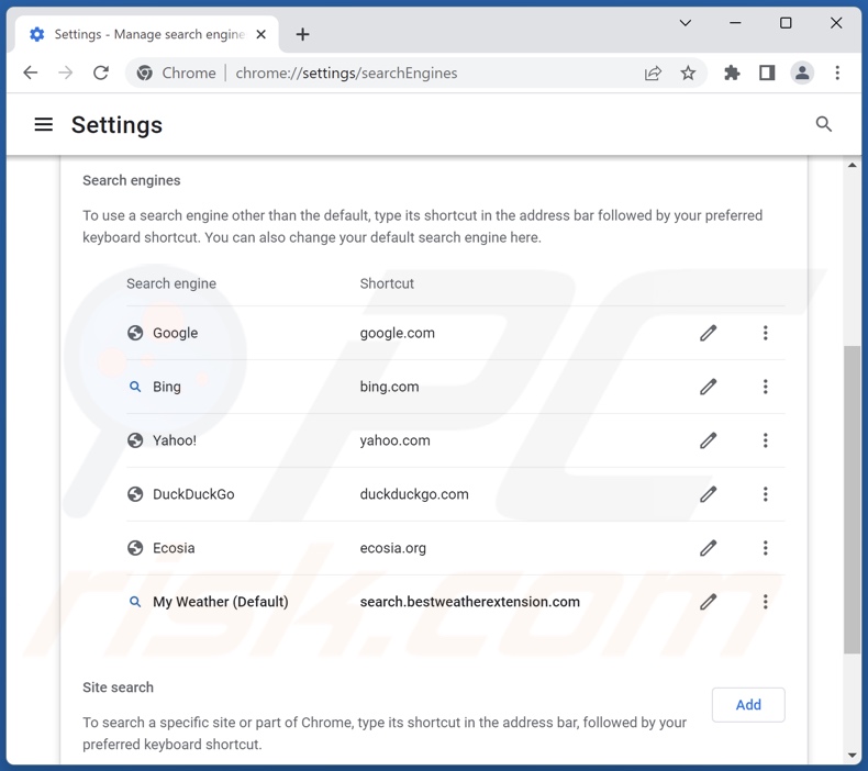 Removing search.bestweatherextension.com from Google Chrome default search engine