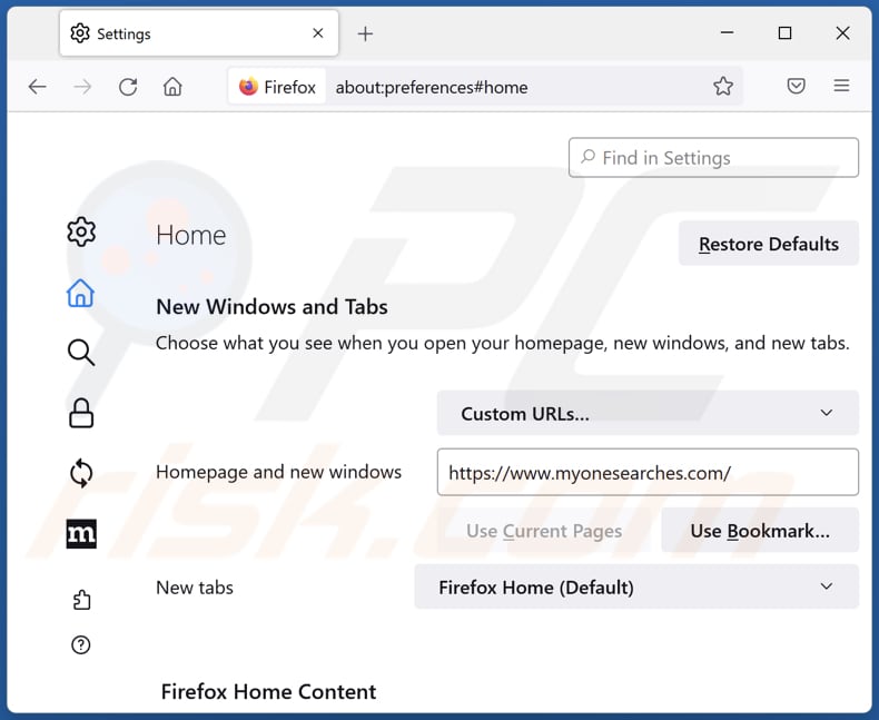 Removing myonesearches.com from Mozilla Firefox homepage