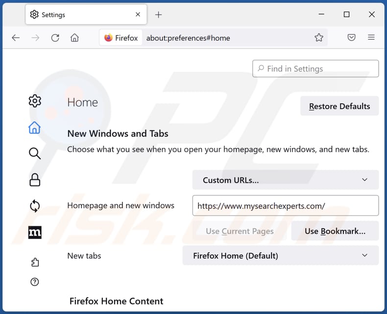 Removing mysearchexperts.com from Mozilla Firefox homepage
