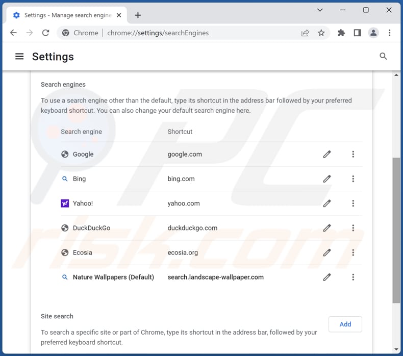 Removing search.landscape-wallpaper.com from Google Chrome default search engine