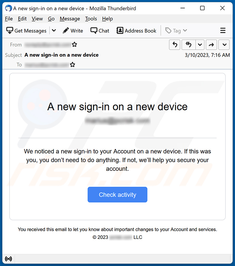 A new sign-in on a new device email scam