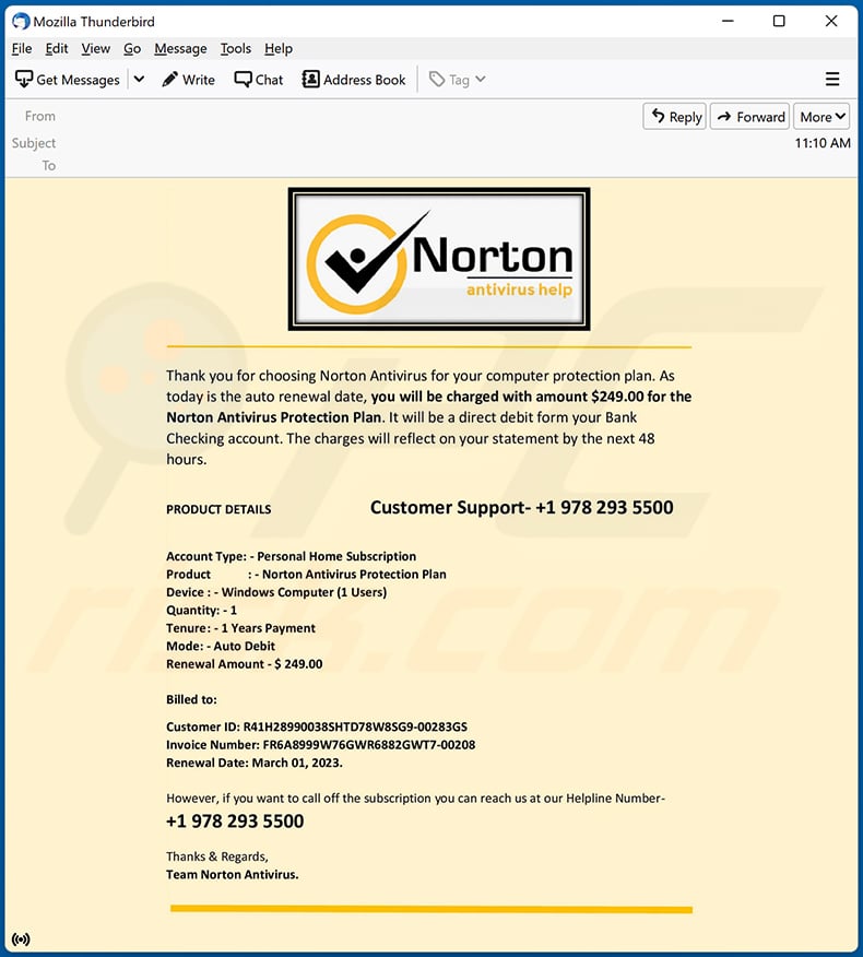 Norton Subscription renewal-themed spam email (2023-03-02)