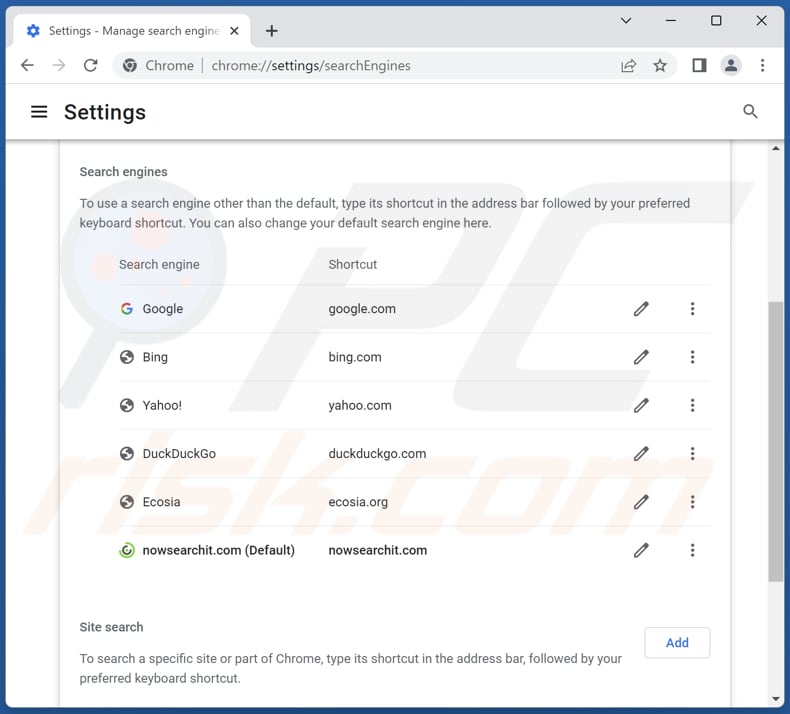 Removing nowsearchit.com from Google Chrome default search engine