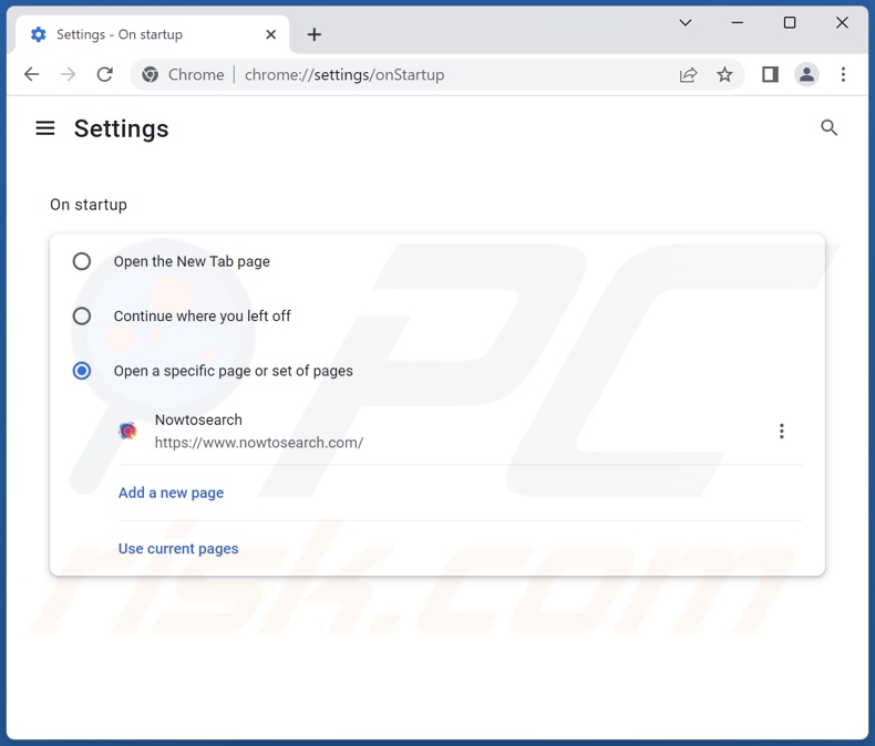 Removing nowtosearch.com from Google Chrome homepage