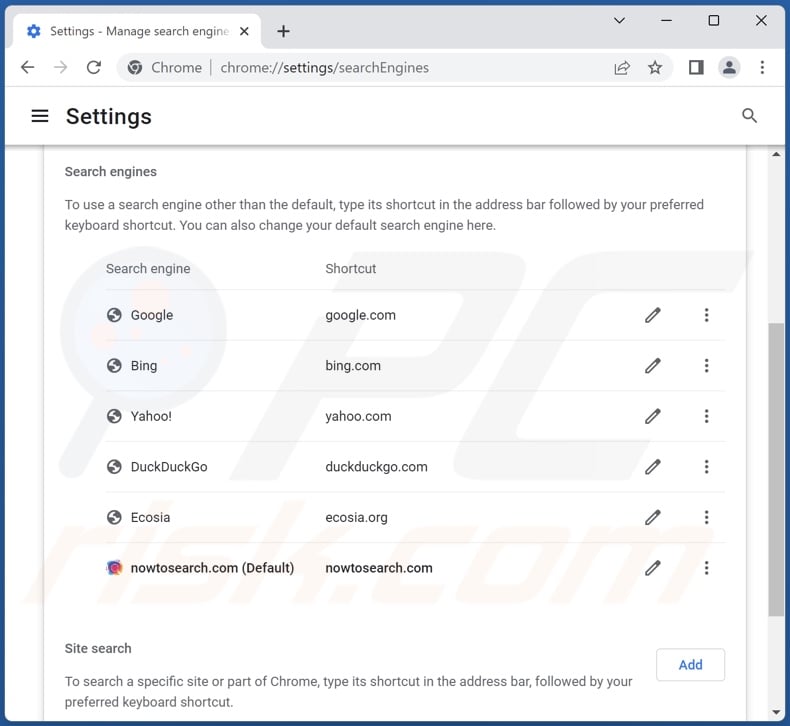 Removing nowtosearch.com from Google Chrome default search engine