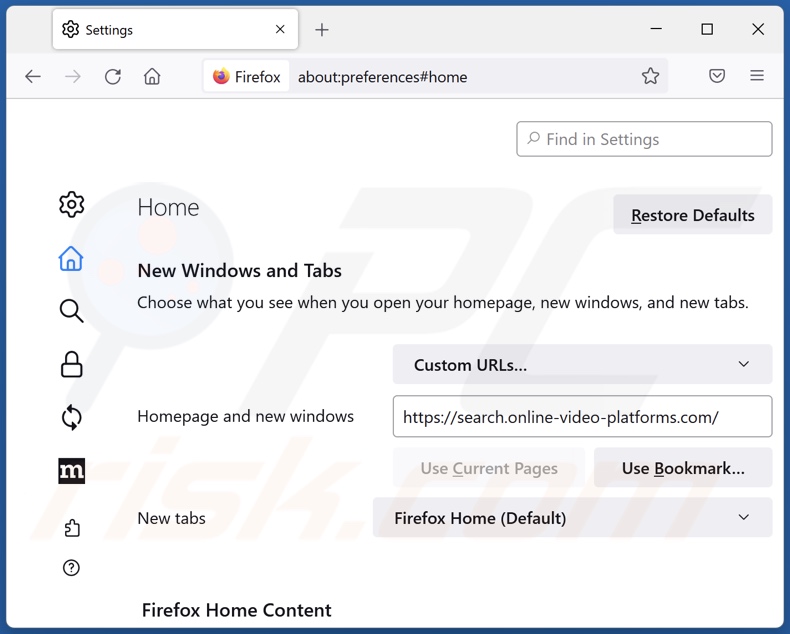 Removing search.online-video-platforms.com from Mozilla Firefox homepage