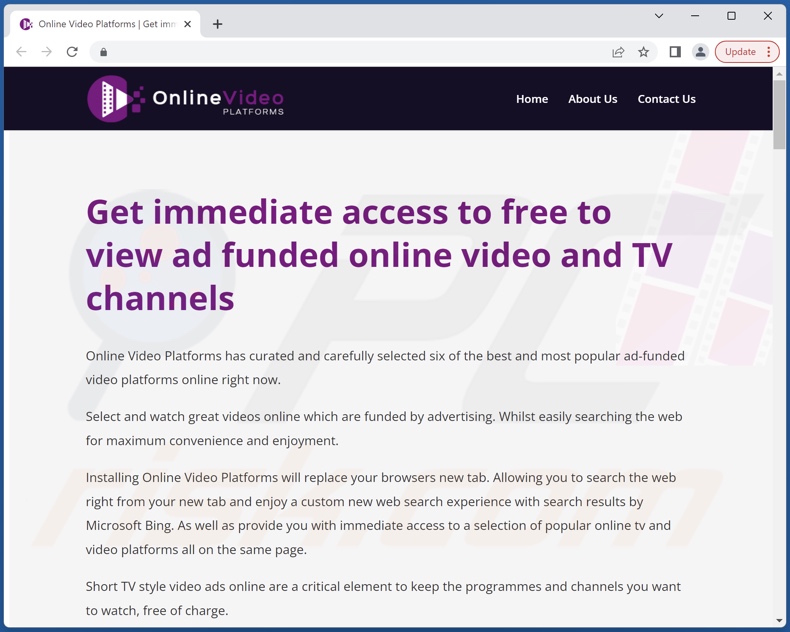 Website used to promote Online Video Platforms browser hijacker