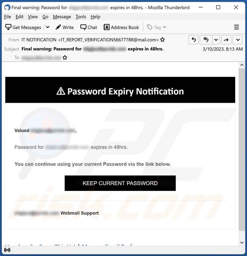 Password Expiry Notification email spam campaign