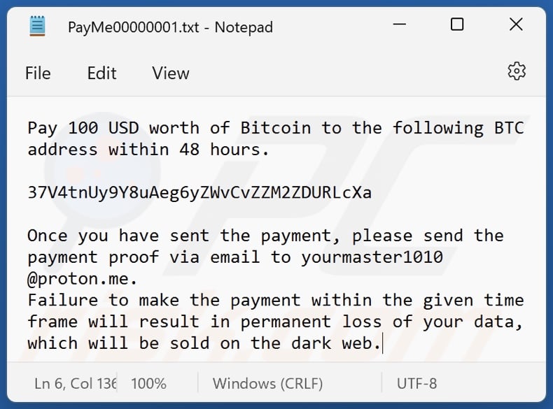 PayMe100USD ransomware ransom note (PayMe00000001.txt)