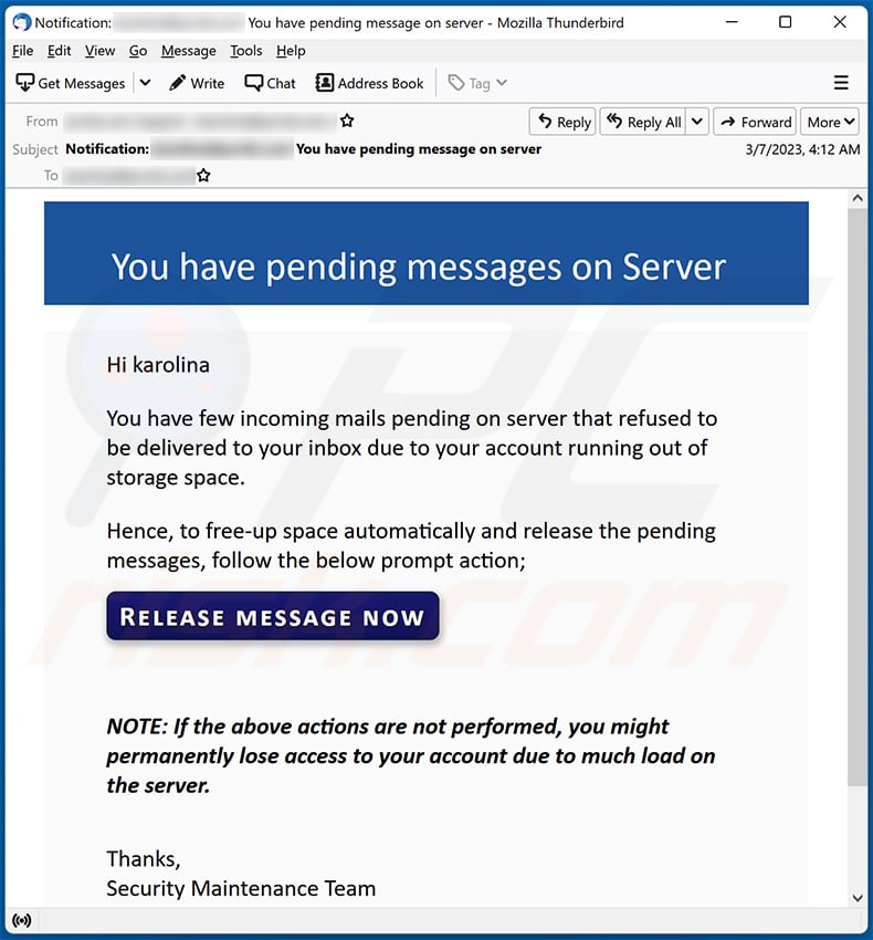 You have pending messages on Server email scam