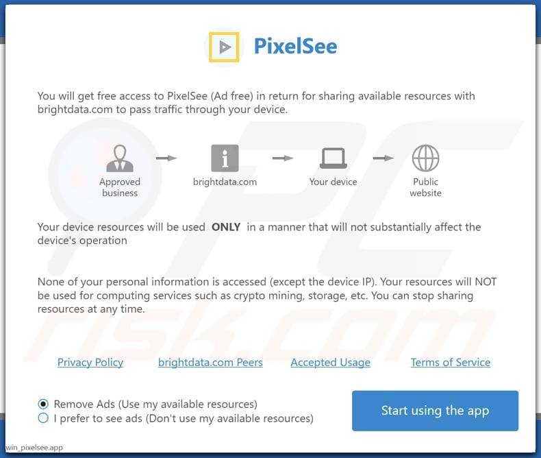 Pop-up displayed after PixelSee unwanted application is installed