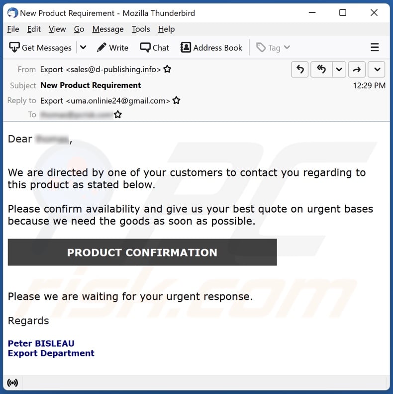 Product Availability Confirmation email spam campaign
