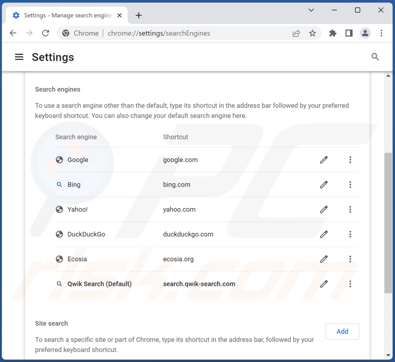Removing search.qwik-search.com from Google Chrome default search engine