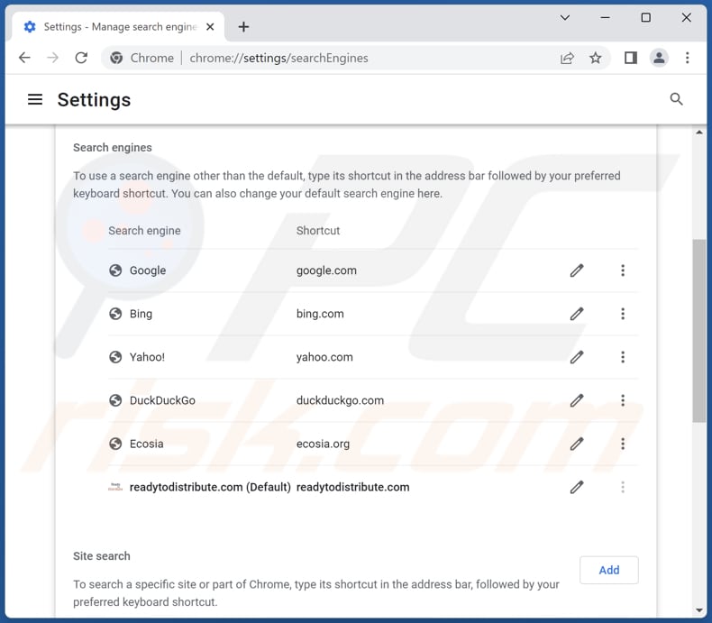 Removing readytodistribute.com from Google Chrome default search engine