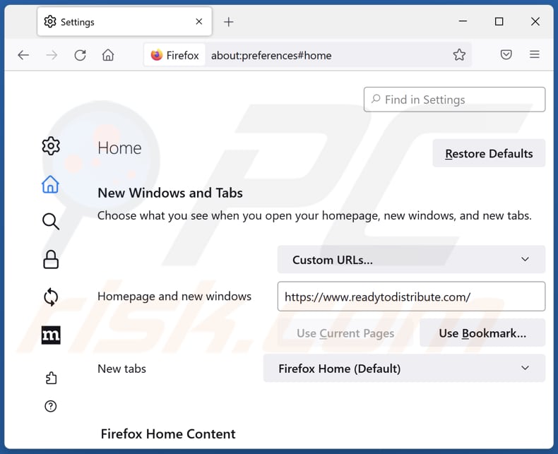 Removing readytodistribute.com from Mozilla Firefox homepage