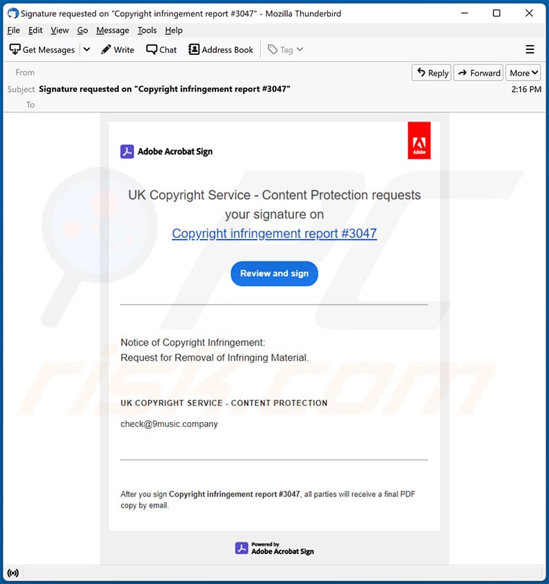 Adobe Acrobat Sign spam email spreading RedLine Stealer