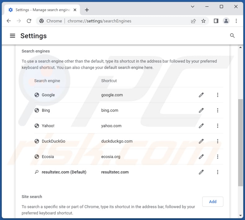 Removing resultstec.com from Google Chrome default search engine