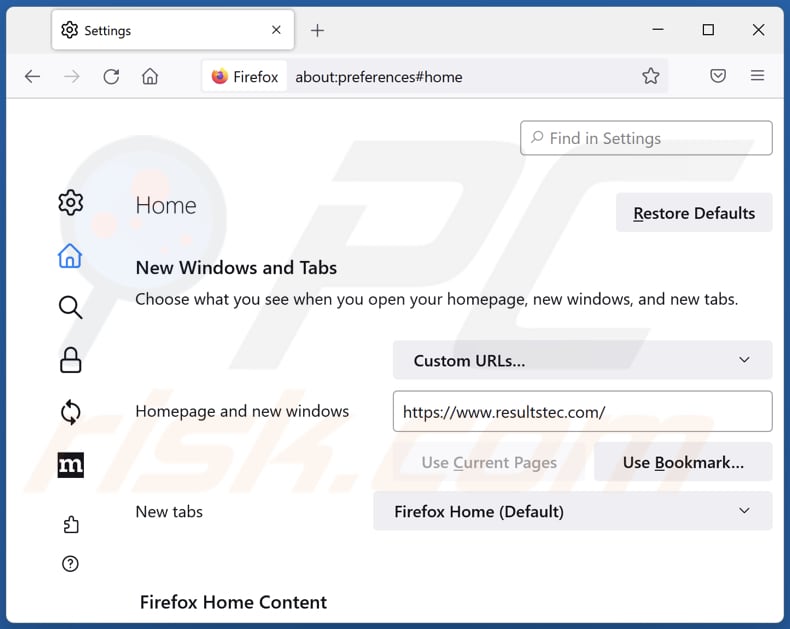 Removing resultstec.com from Mozilla Firefox homepage