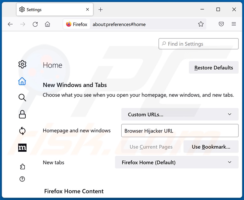 Removing dmiredindee.com from Mozilla Firefox homepage