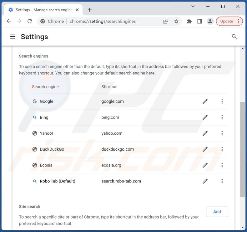 Removing search.robo-tab.com from Google Chrome default search engine