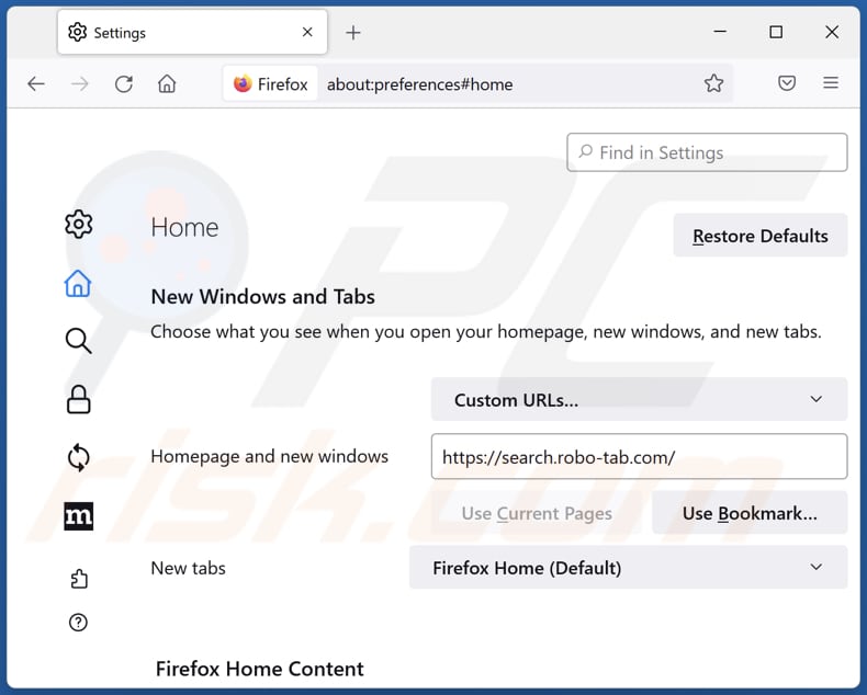 Removing search.robo-tab.com from Mozilla Firefox homepage