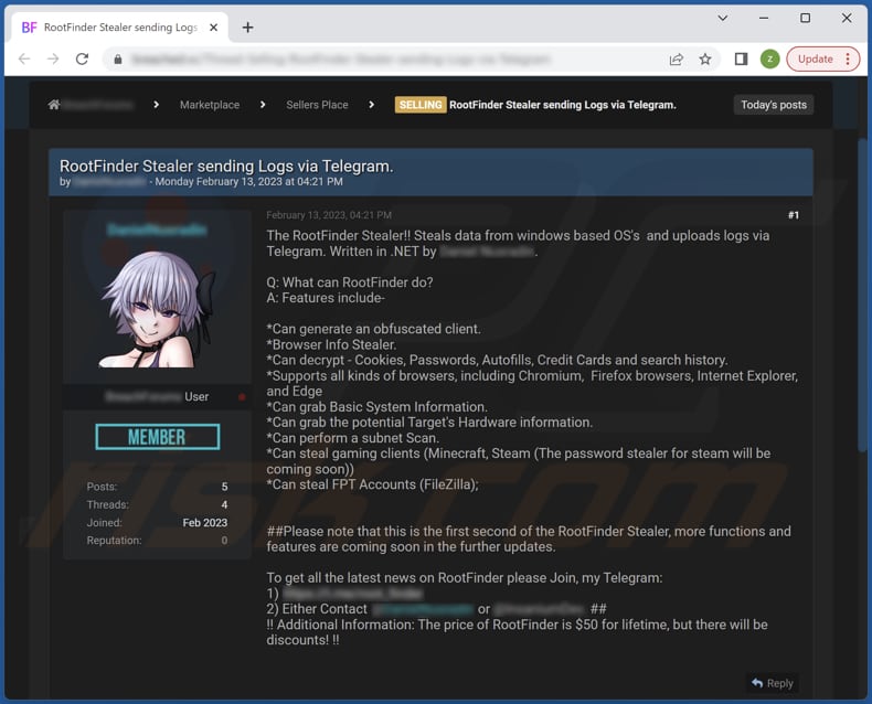 RootFinder stealer promoted on a hacker forum