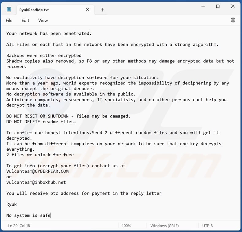Ryuk (Fonix) ransomware ransom note (RyukReadMe.txt)